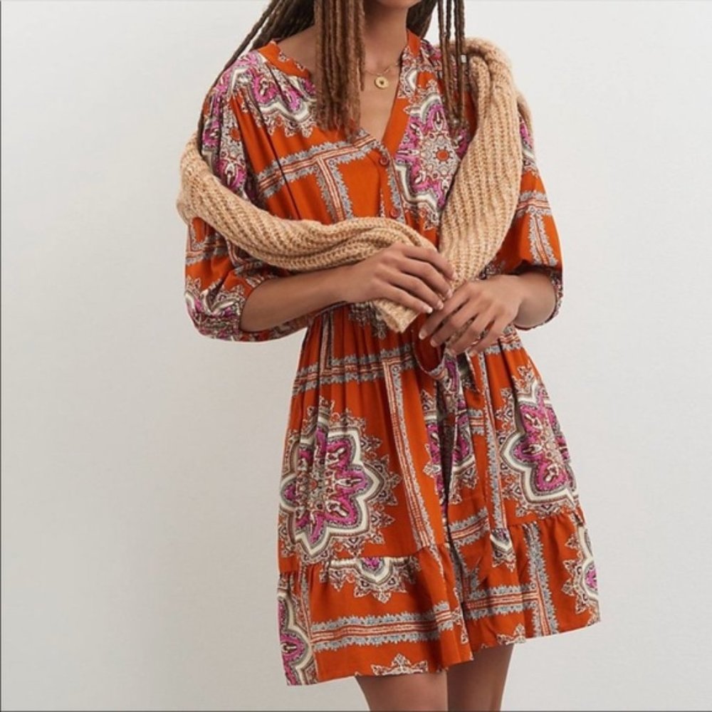 NWT Porridge "Isabel" Anthropologie Orange Paisley Belted Shirt Dress Boho XS